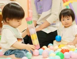 カラーボールのある部屋で遊ぶ園児たち