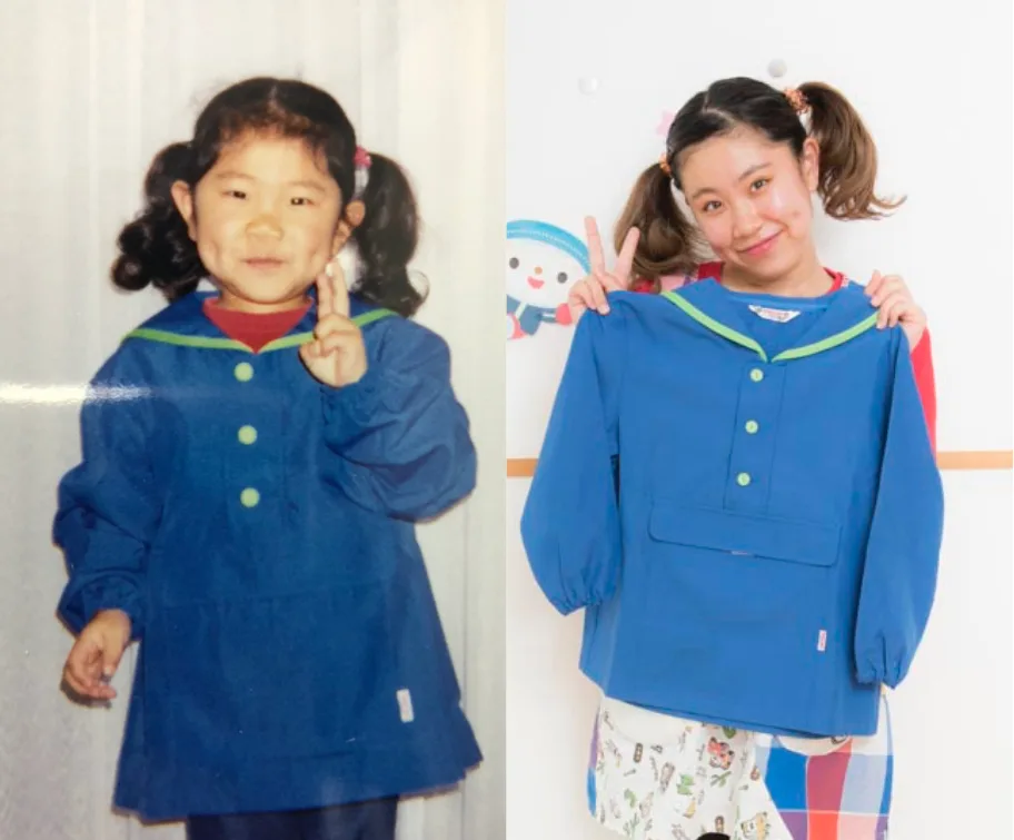 ちとせに通っていた頃の制服姿と、同じ制服を手にした現在の写真